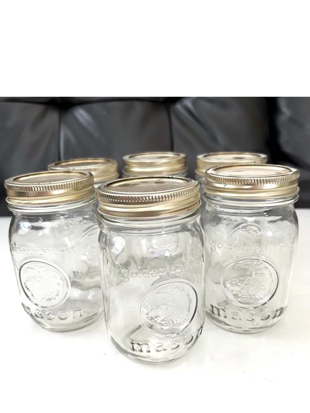 Lot of 6 Mason Golden Harvest 12 oz. Clear Glass Jars With Lids